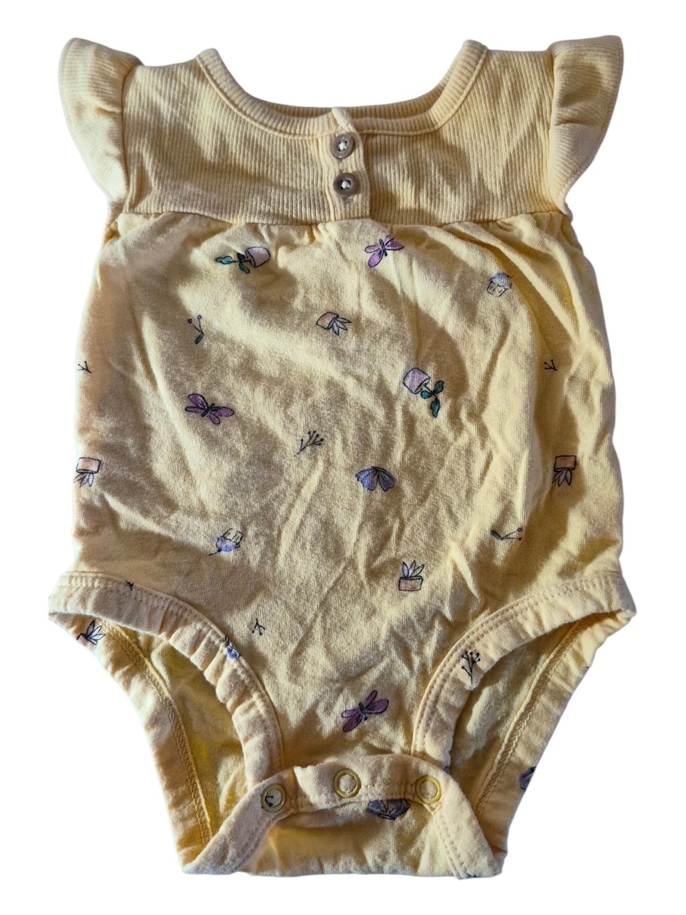 Carter's Cream Yellow Ribbed Baby Butterfly And Garden Bodysuit 3 Mos